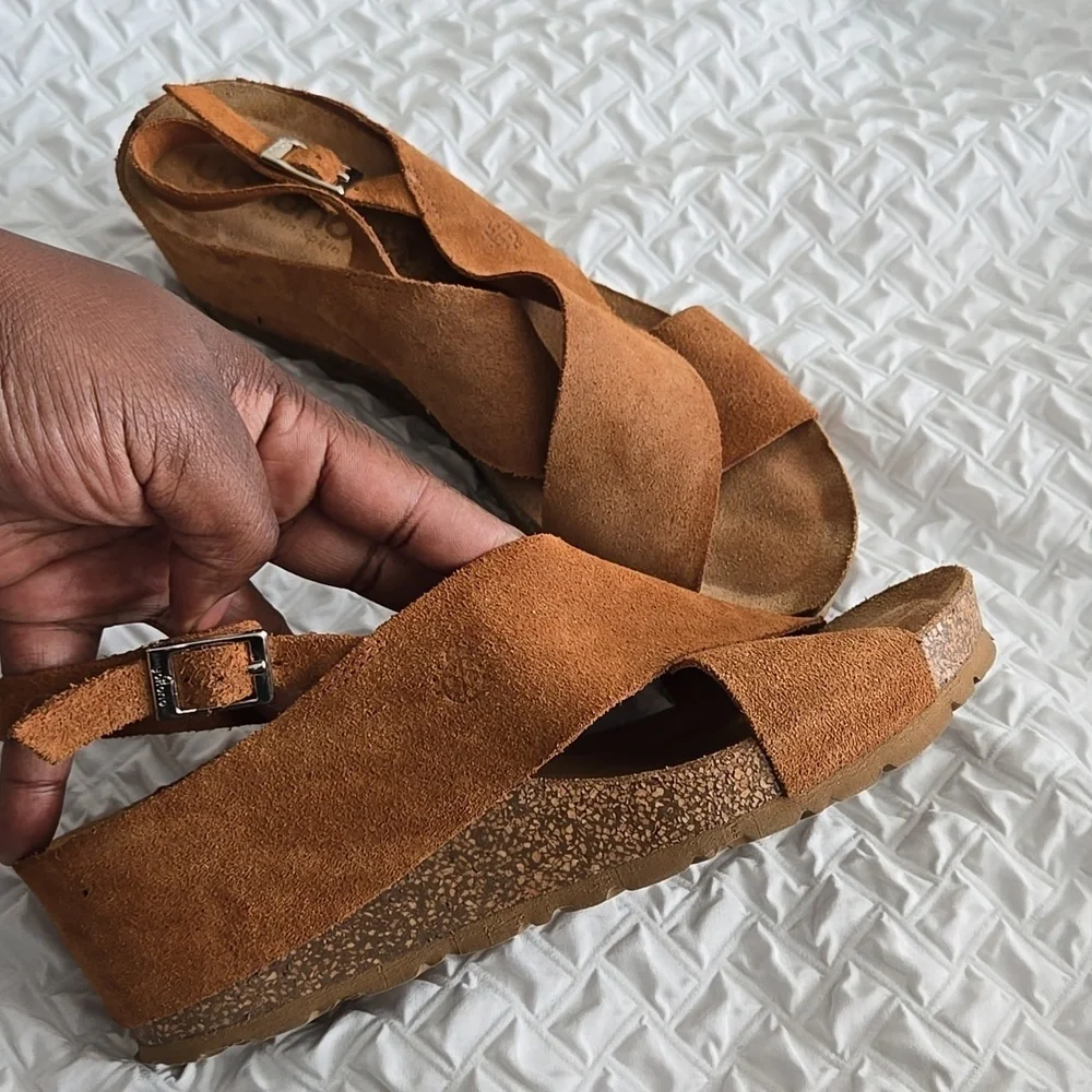 Yokono Women's Tan Suede Leather Wedge Slingback Sandals Summer Shoes Size 9
